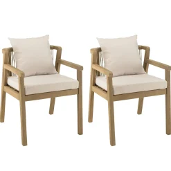 Fauteuil de jardin acacia naturel dossier tressé et coussins (lot de 2) BAHIA