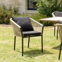 Fauteuil de jardin cordage couleur naturelle 2 coussins noirs (lot de 6) GIJON