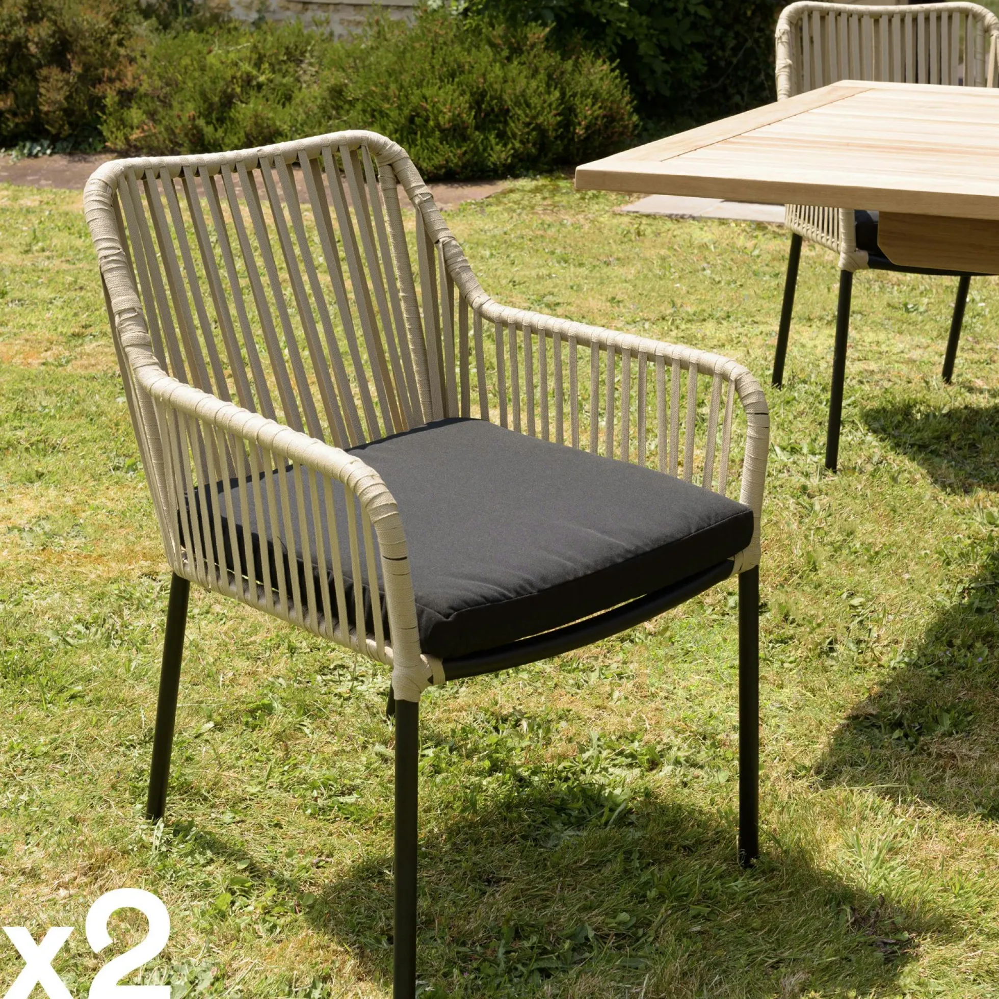 Fauteuil de jardin cordage couleur naturelle 1 coussin noir (lot de 2) GIJON