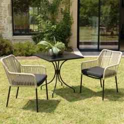 Fauteuil de jardin cordage couleur naturelle 1 coussin noir (lot de 2) GIJON