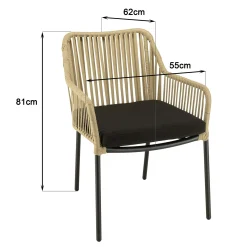 Fauteuil de jardin cordage couleur naturelle 1 coussin noir (lot de 2) GIJON