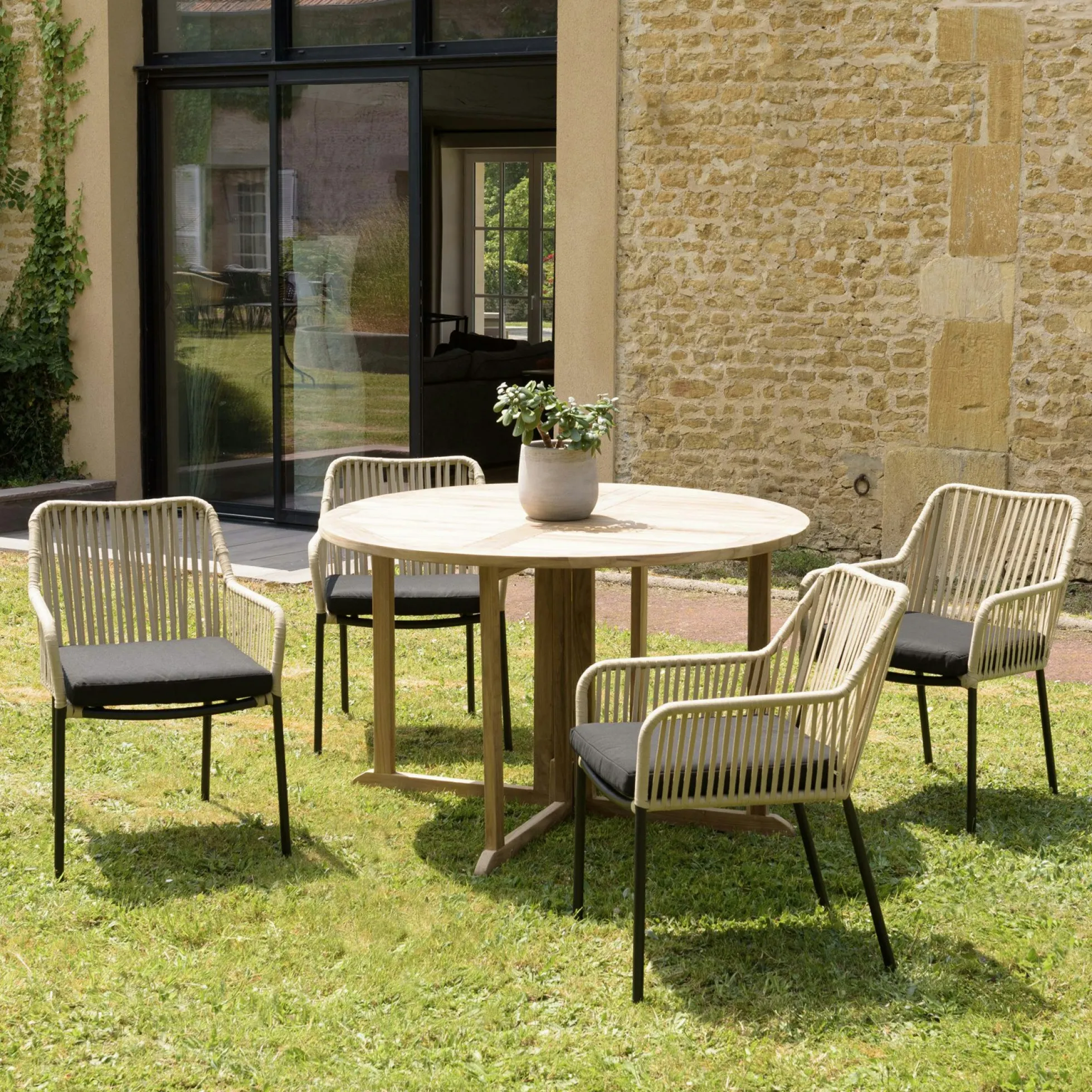 Fauteuil de jardin cordage couleur naturelle 1 coussin noir (lot de 2) GIJON