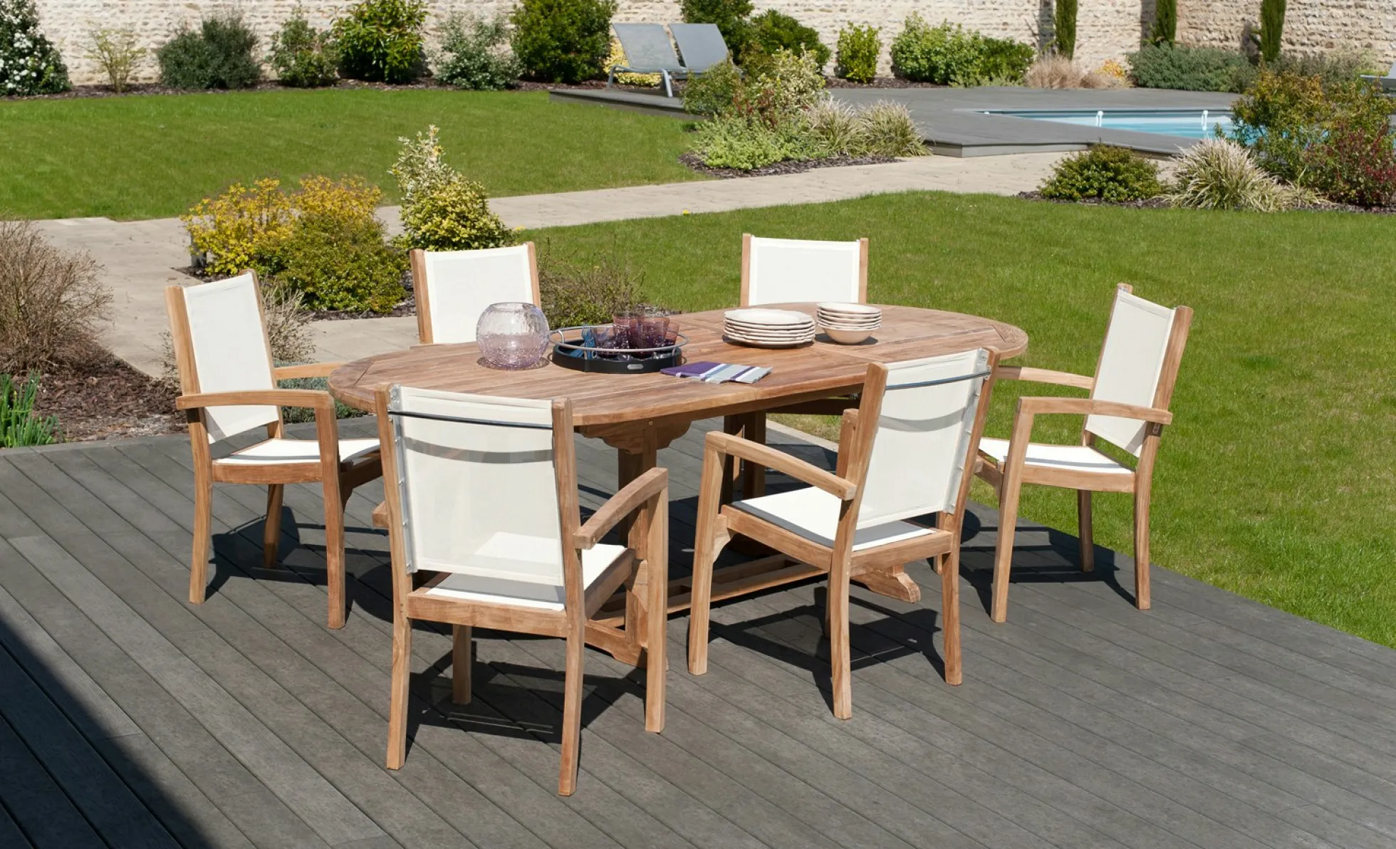 Fauteuil de jardin en teck et textilène couleur ivoire (lot de 2) SUMMER