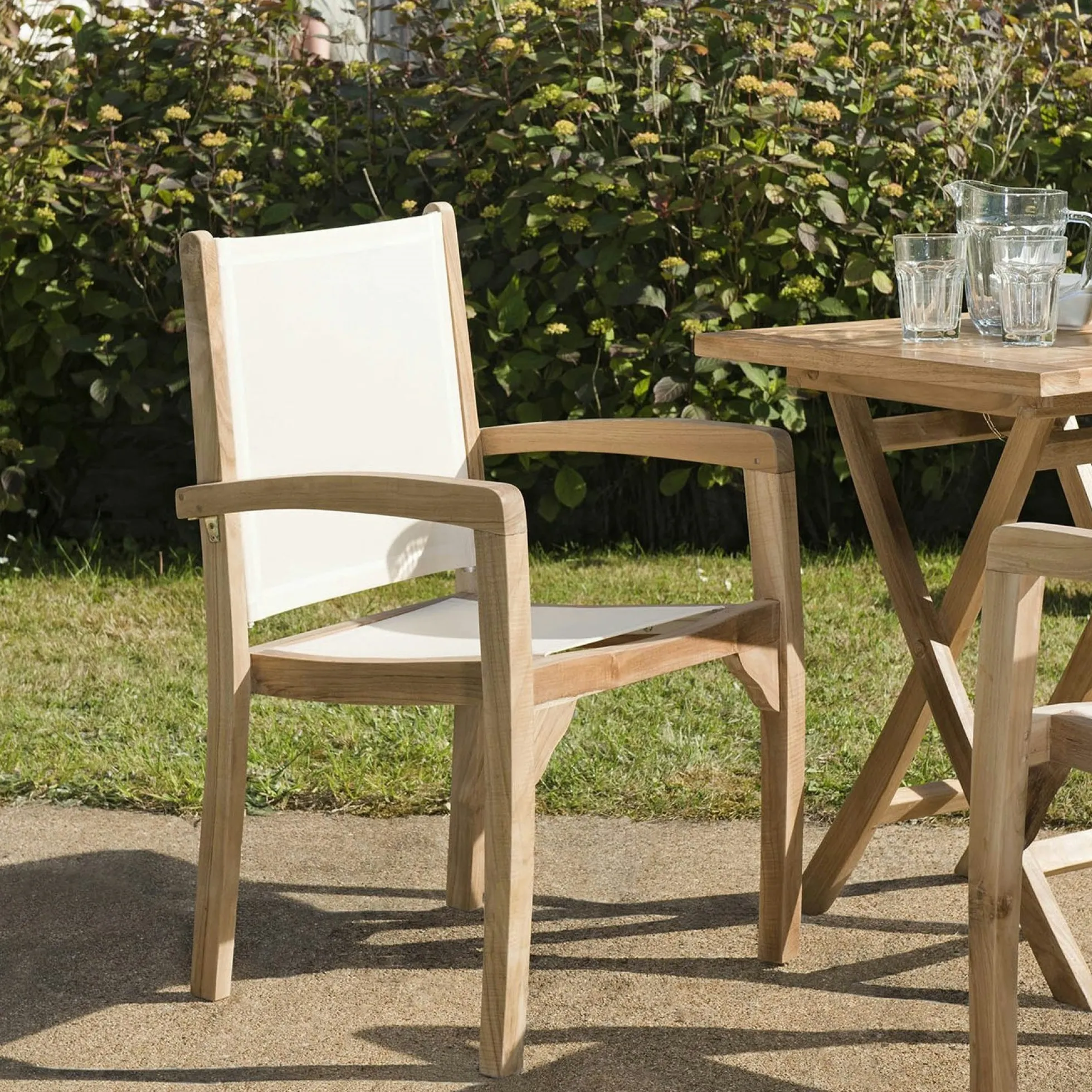 Fauteuil de jardin en teck et textilène couleur ivoire (lot de 2) SUMMER