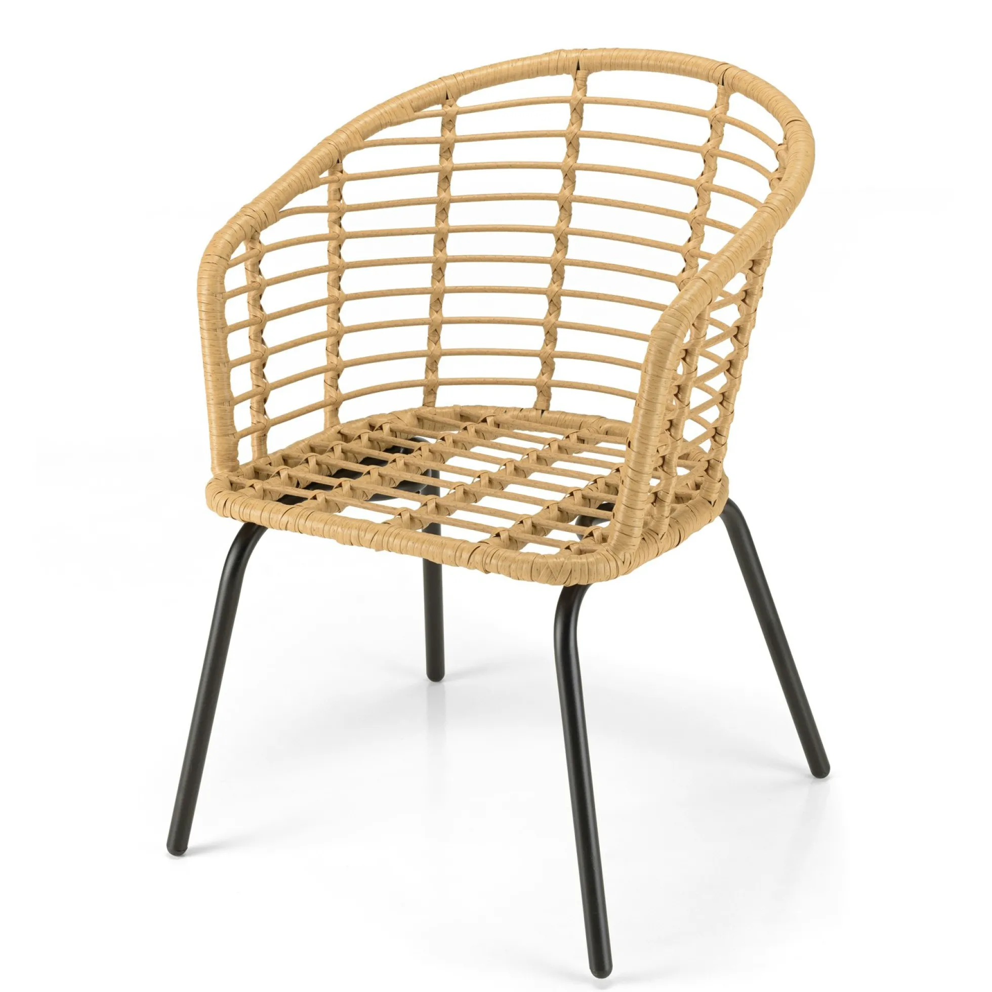 Fauteuil de jardin rotin synthétique ajouré couleur naturelle avec coussin noir (lot de 2) GIJON