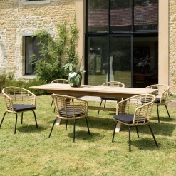 Fauteuil de jardin rotin synthétique ajouré couleur naturelle avec coussin noir (lot de 2) GIJON