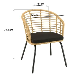 Fauteuil de jardin rotin synthétique ajouré couleur naturelle avec coussin noir (lot de 2) GIJON