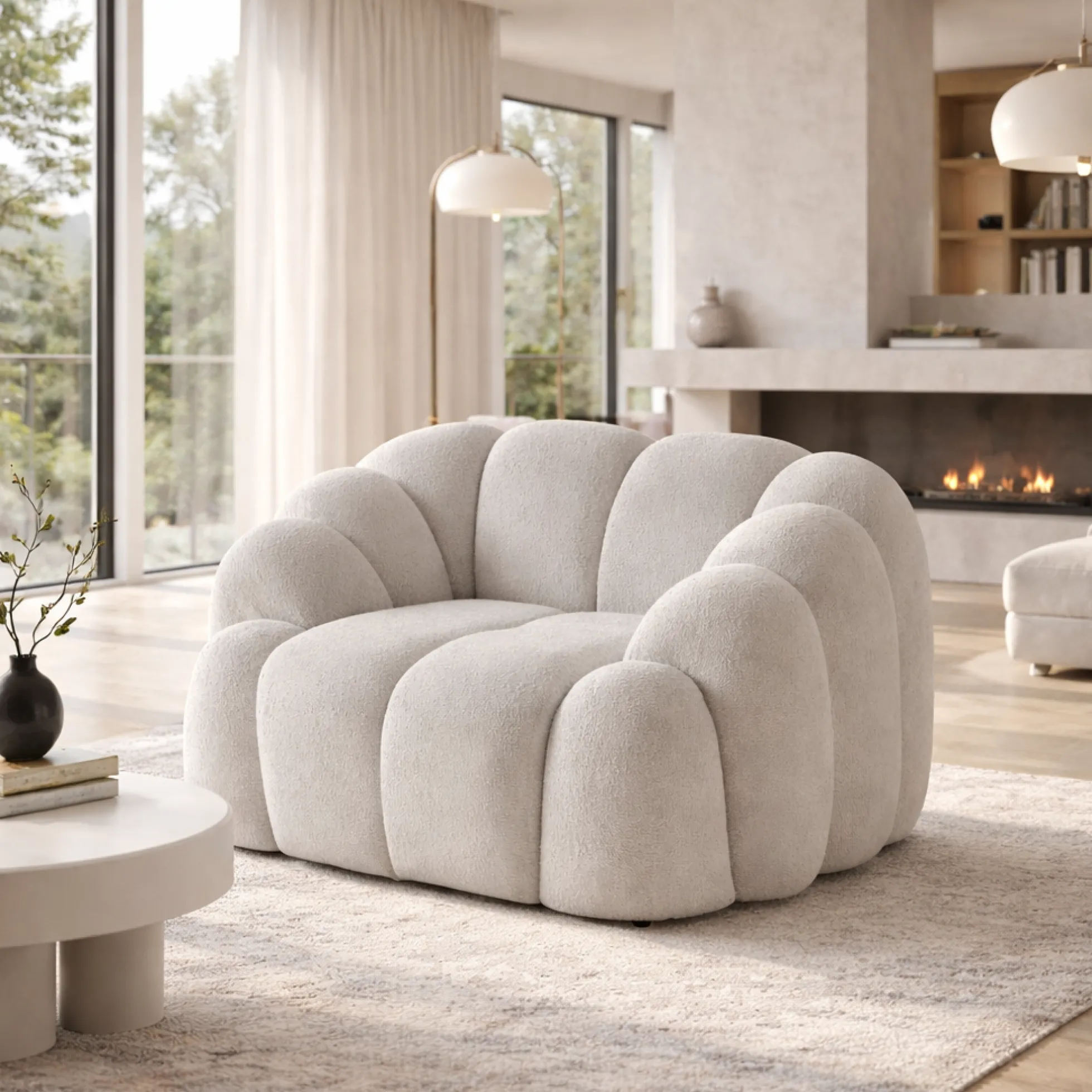 Fauteuil de salon blanc écru design arrondi ONDA