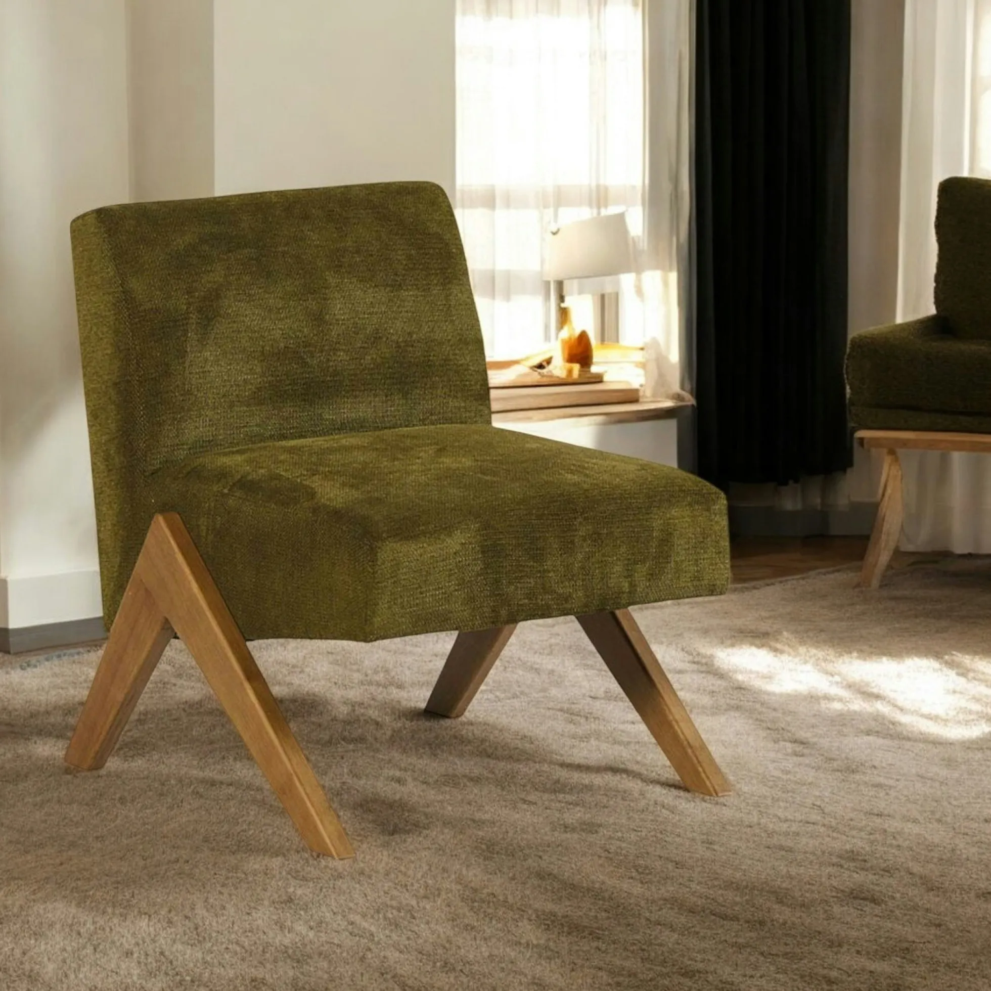 Fauteuil de salon bois et velours vert SOHO