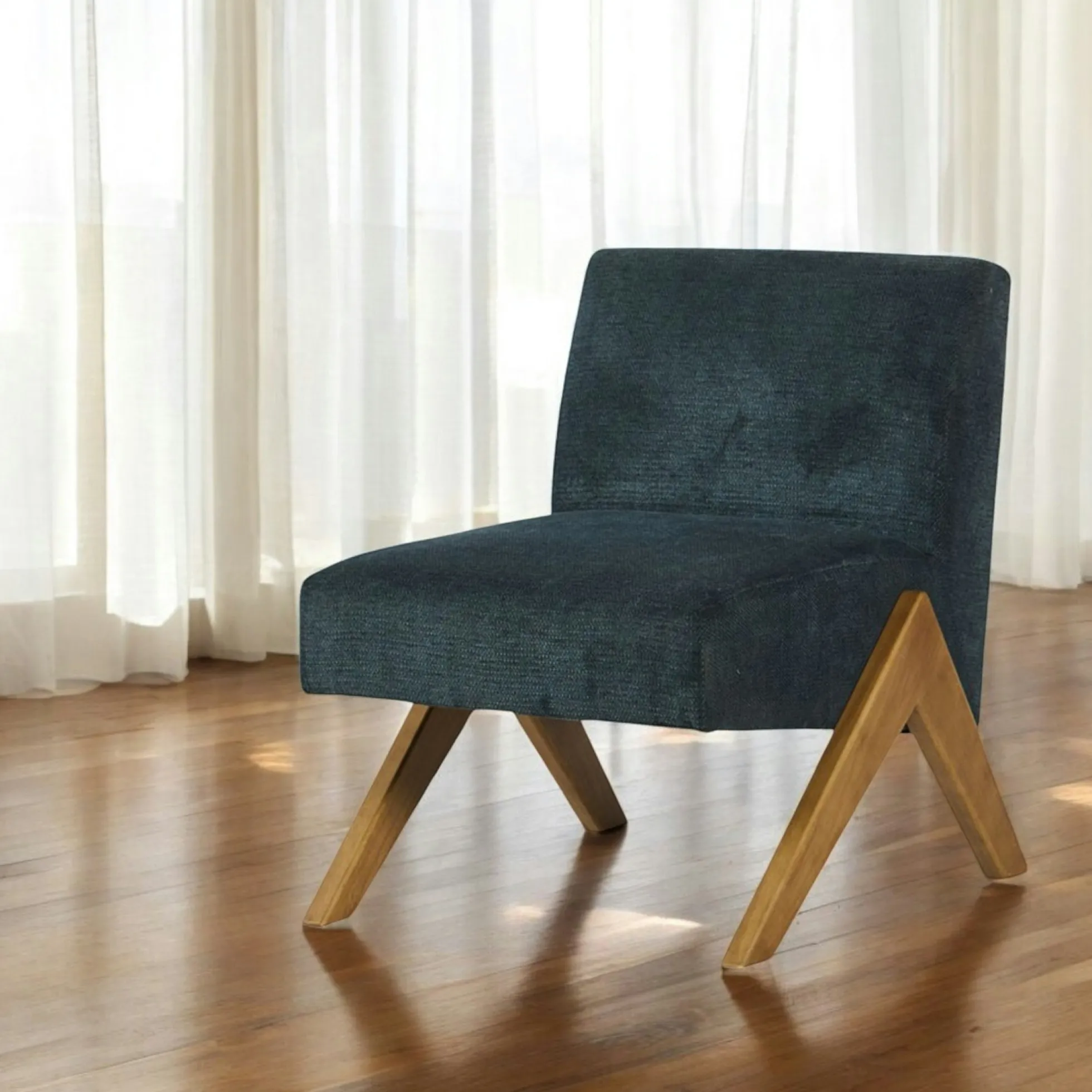 Fauteuil de salon bois et velours bleu SOHO
