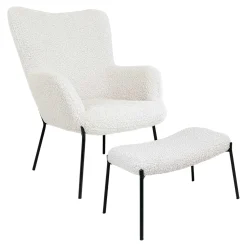 Fauteuil de salon en bouclette blanche avec repose-pieds BERLIN
