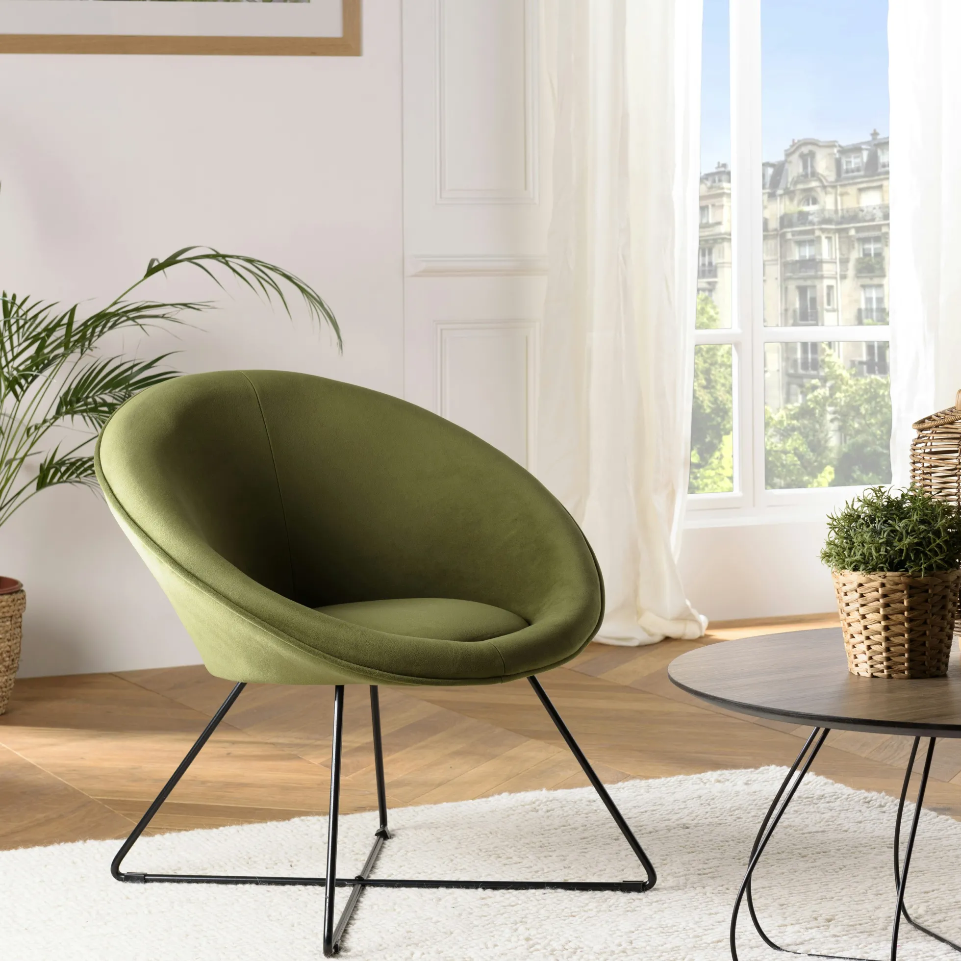 Fauteuil de salon rond velours vert olive TIM