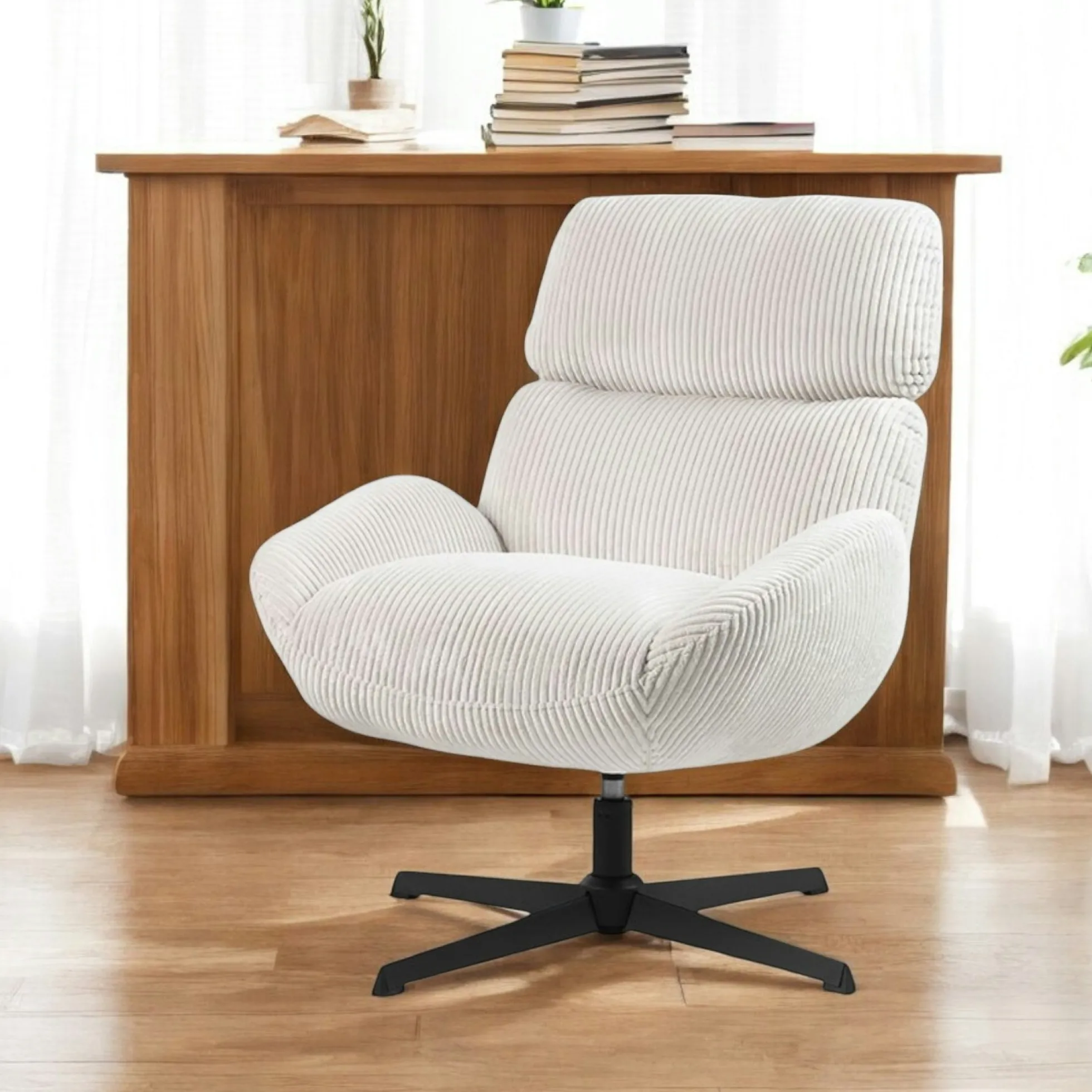 Fauteuil de salon rotatif tissu côtelé blanc IENA