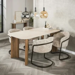 Fauteuil de table beige bouclette pied luge bronze (lot de 2) ASCOLI