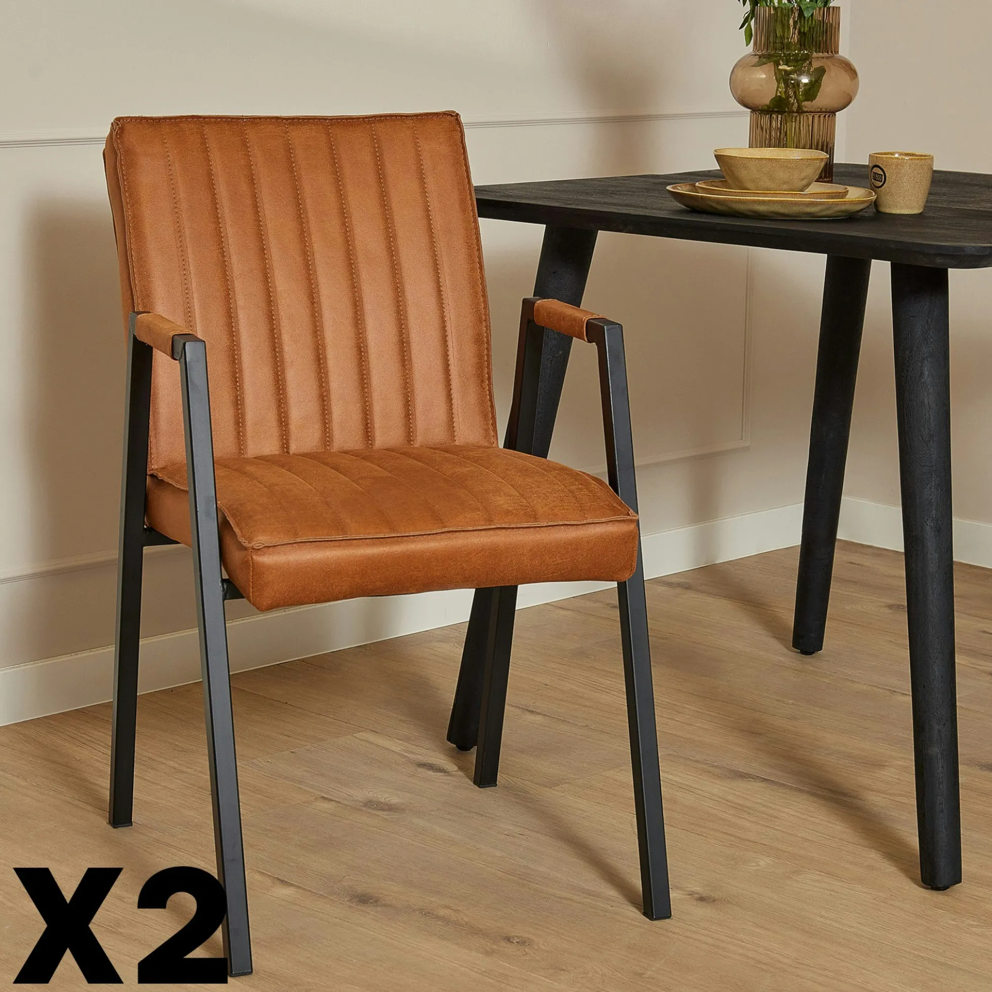 Fauteuil de table cognac à bandes (lot de 2) CORTINA