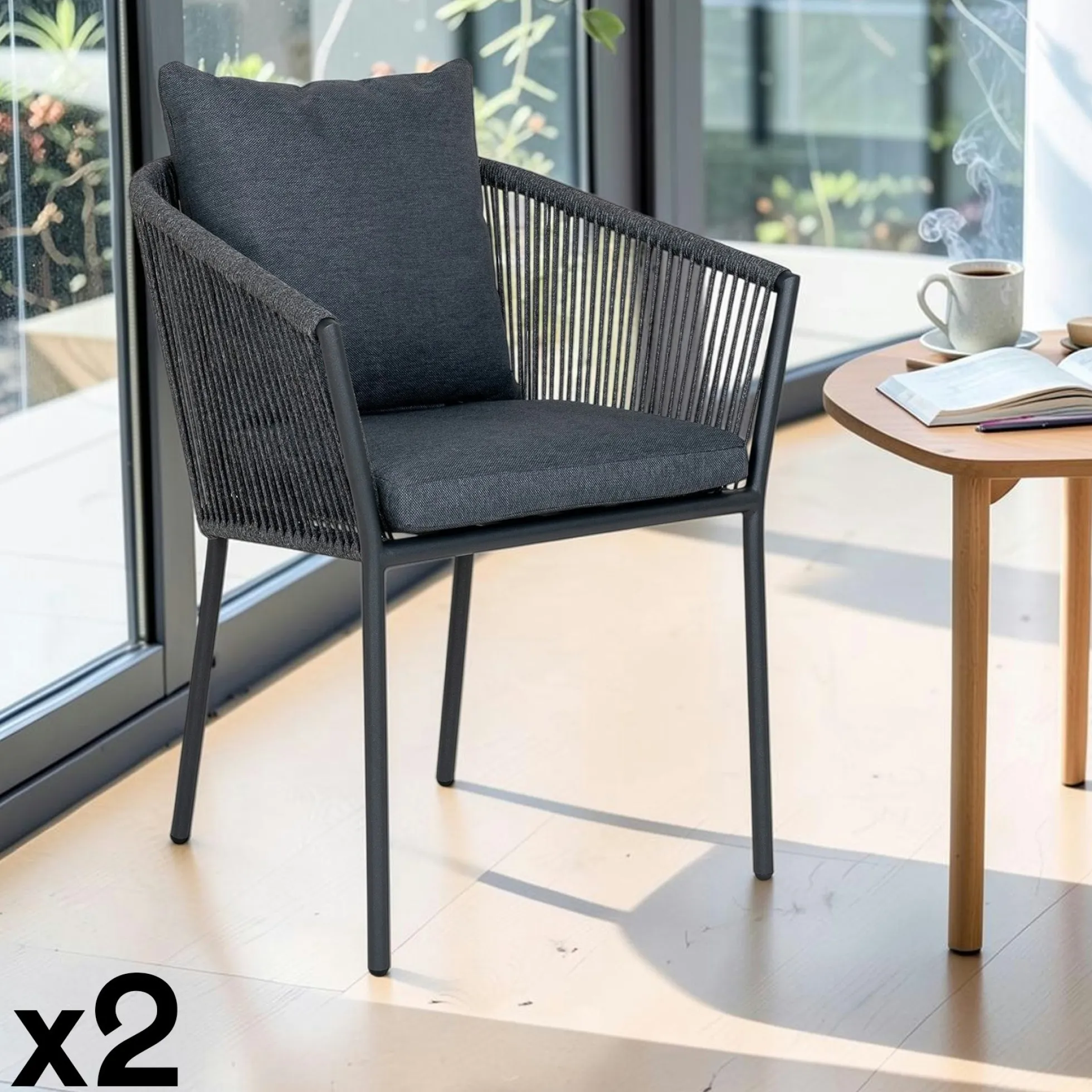 Fauteuil de table gris en corde (lot de 2) GRENADE