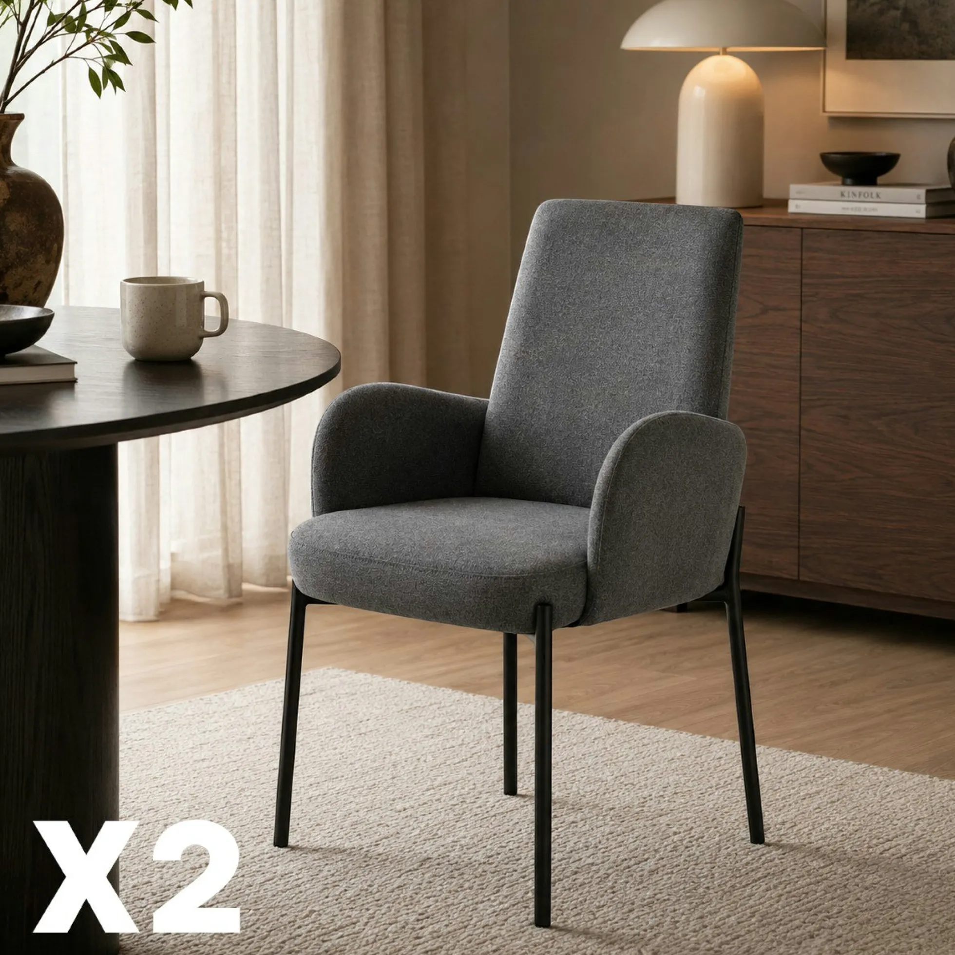 Fauteuil de table gris foncé pieds noirs (x2) AUREN