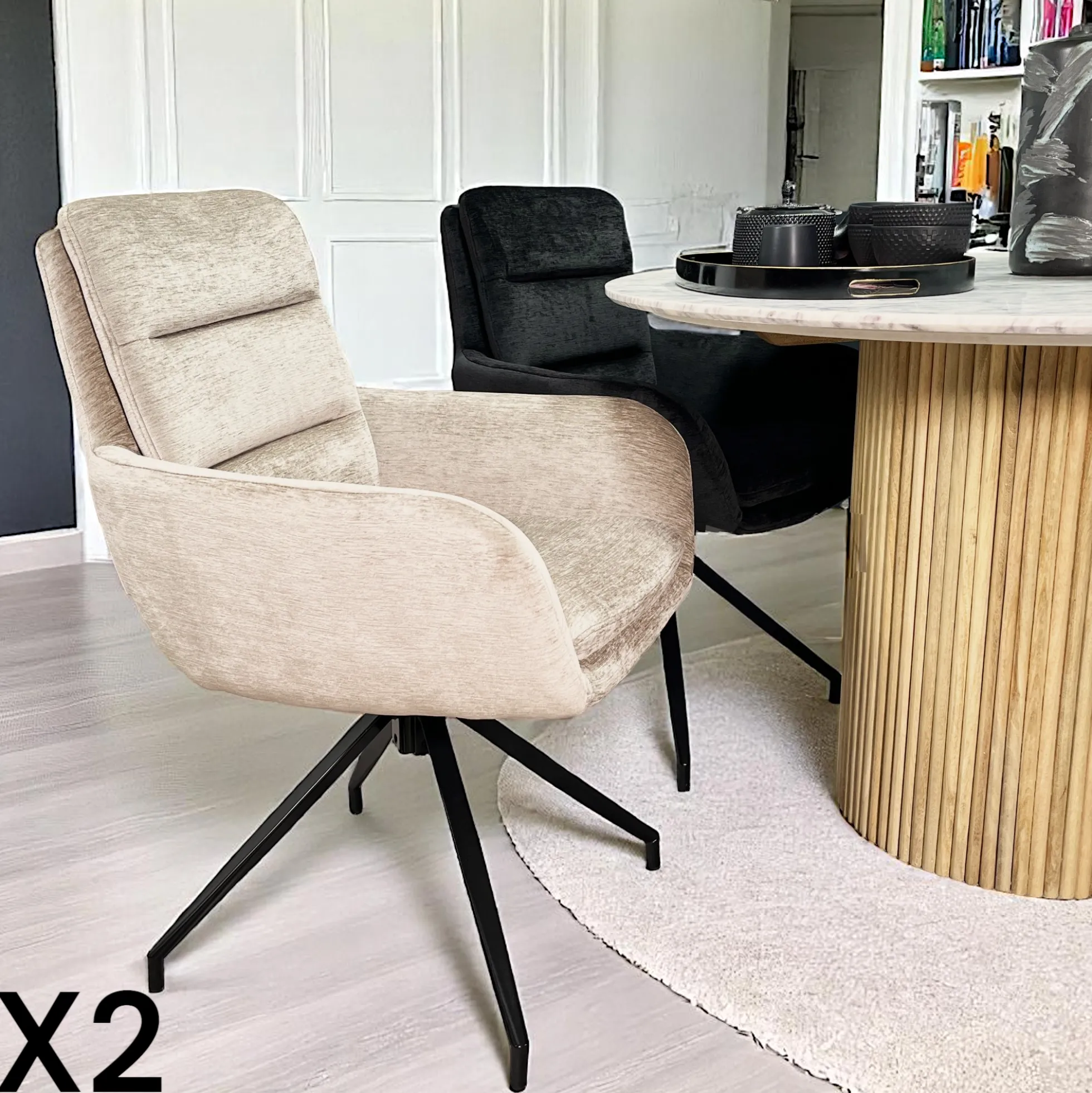Fauteuil de table pivotant en velours taupe (lot de 2) PALERME