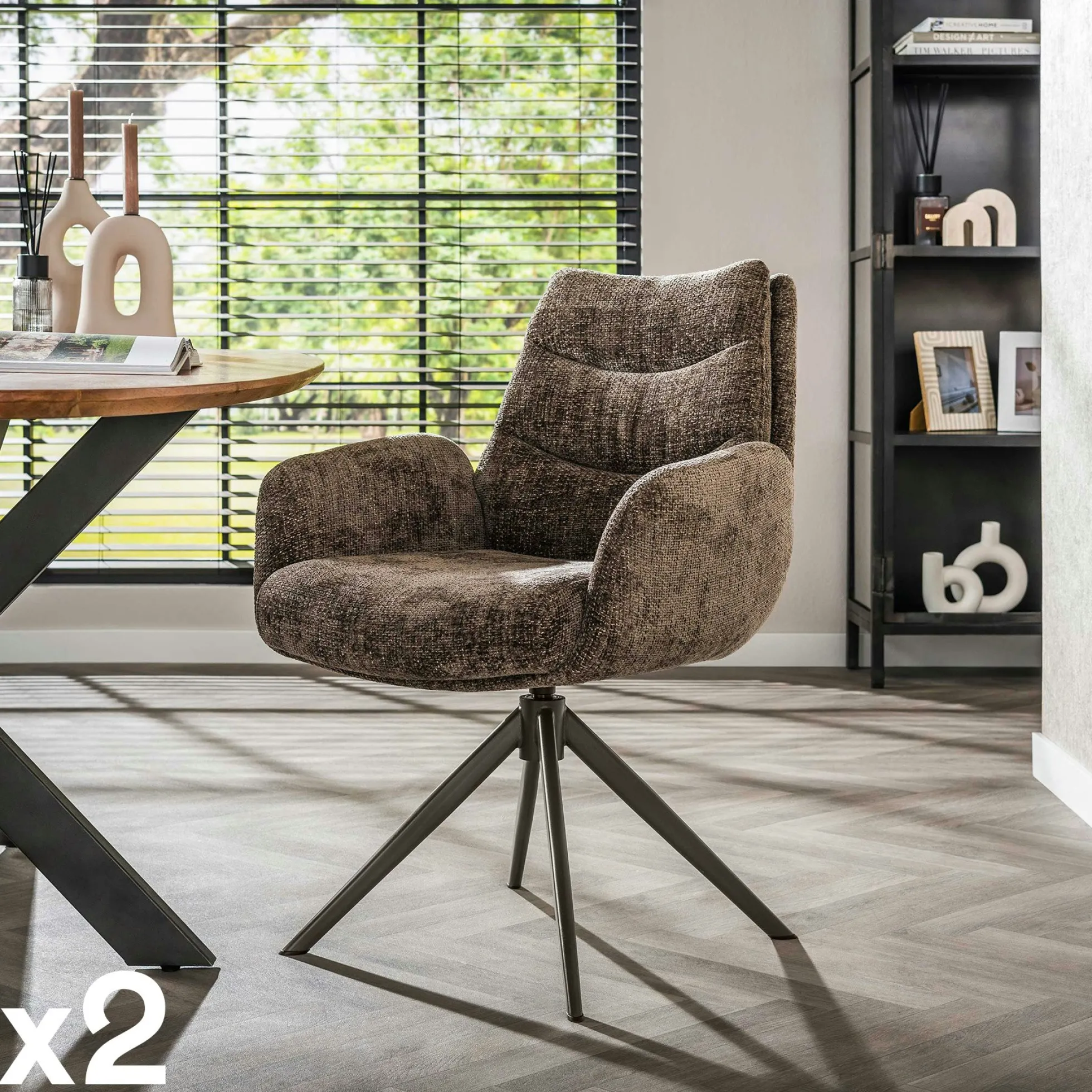 Fauteuil de table pivotant en tissu chenille taupe (x2) TAJ