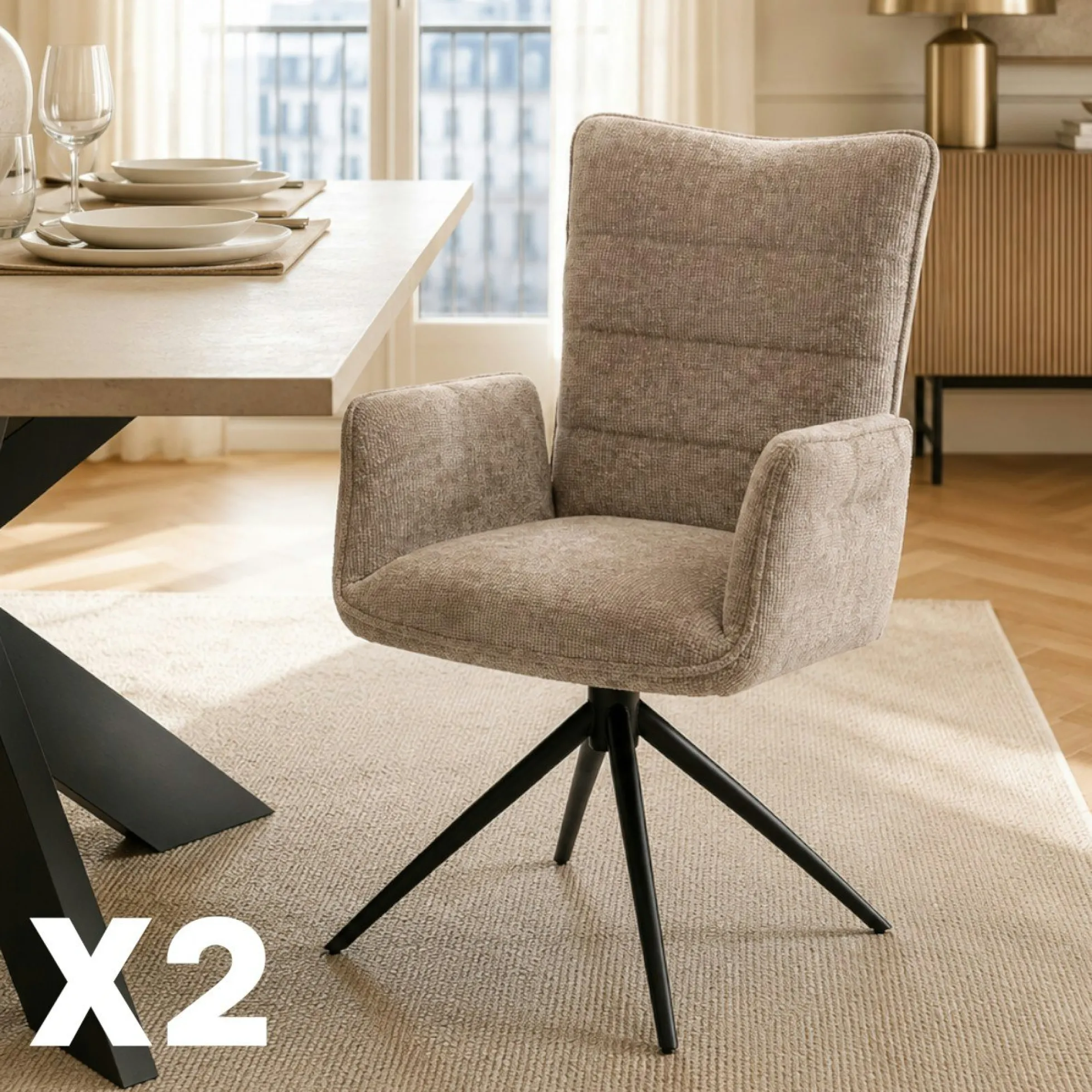 Fauteuil de table pivotant taupe en tissu texturé (x2) RIVANO