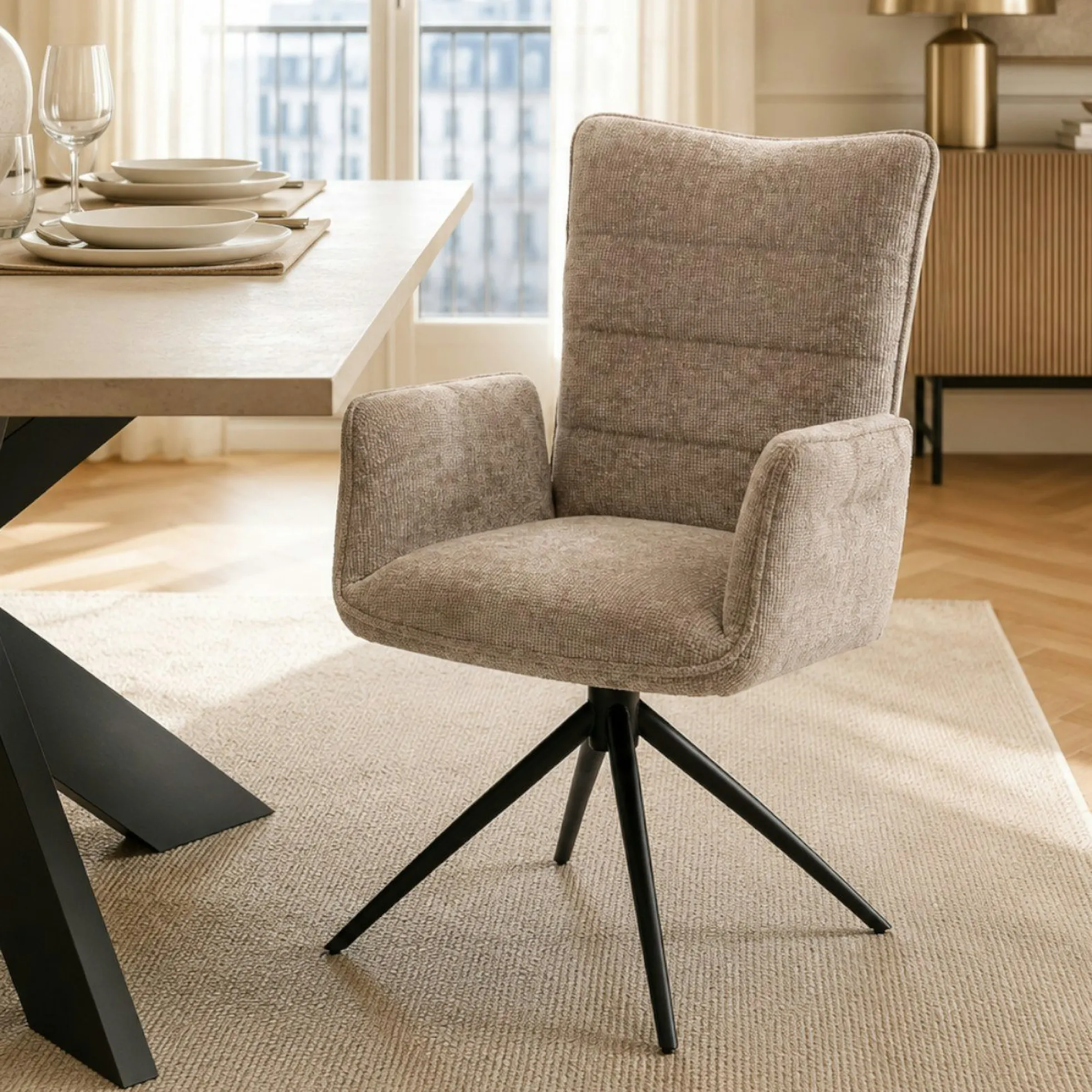 Fauteuil de table pivotant taupe en tissu texturé (x2) RIVANO