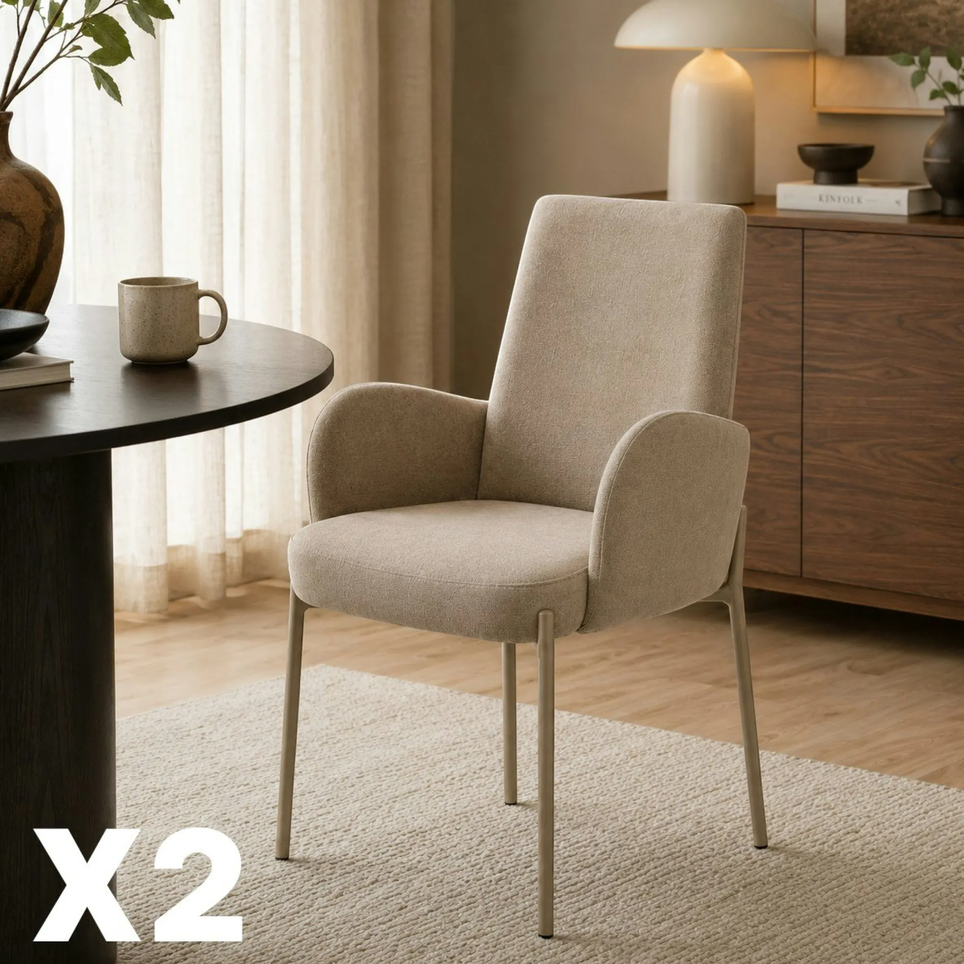 Fauteuil de table tissu beige pieds beige (x2) AUREN