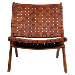 Fauteuil en cuir marron et bois de teck MENDOZA