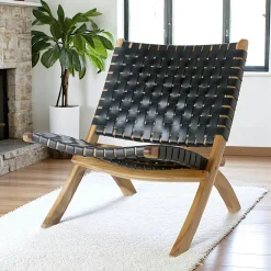 Fauteuil en cuir noir et bois de teck MENDOZA