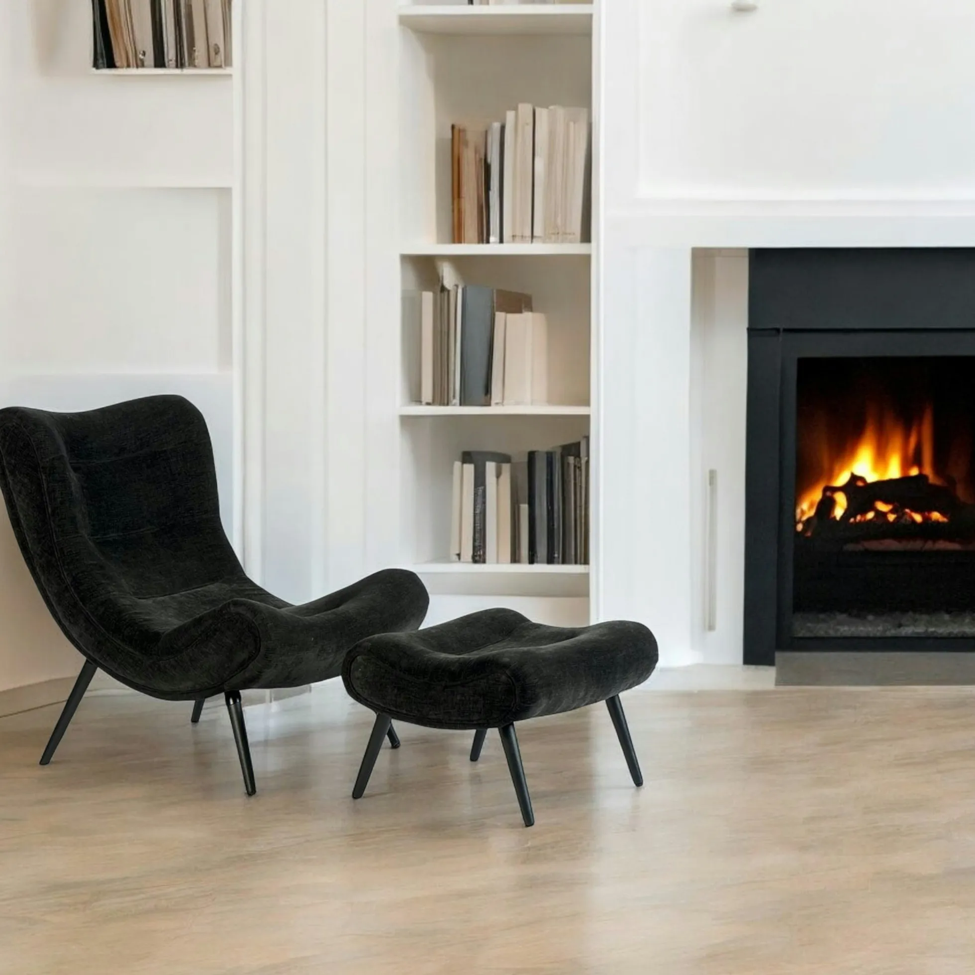 Fauteuil et pouf assortis tissu noir MALMOE