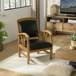 Fauteuil exotique bois et cuir noir DIKA