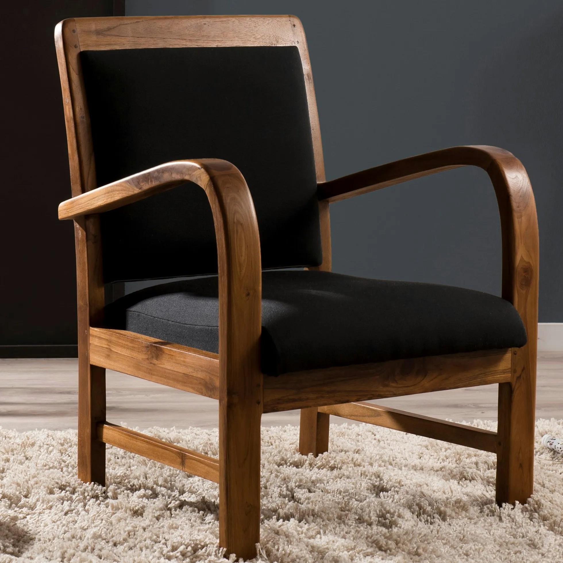 Fauteuil exotique en Teck et Coton noir 61x63x81cm DIKA