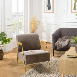 Fauteuil gris foncé en tissu avec accoudoirs bois TIM