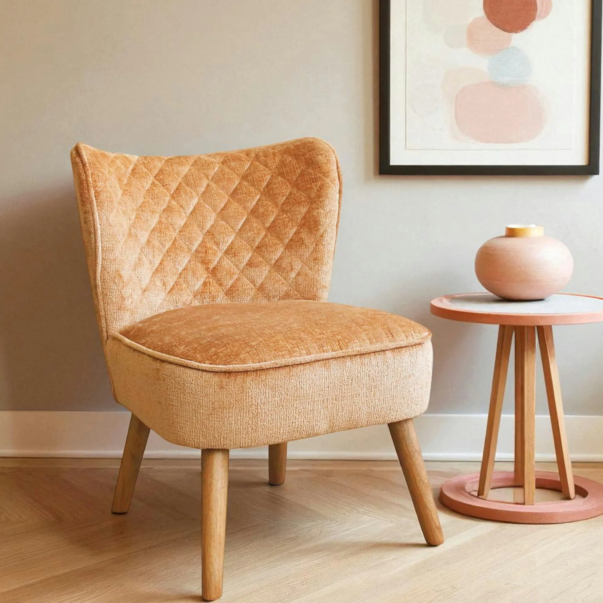 Fauteuil moutarde en tissu chenille - pieds bois IENA