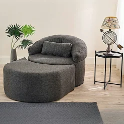 Fauteuil méridienne anthracite, pouf demi-lune PATNA