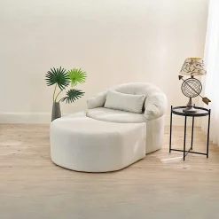Fauteuil méridienne écru avec pouf demi-lune PATNA