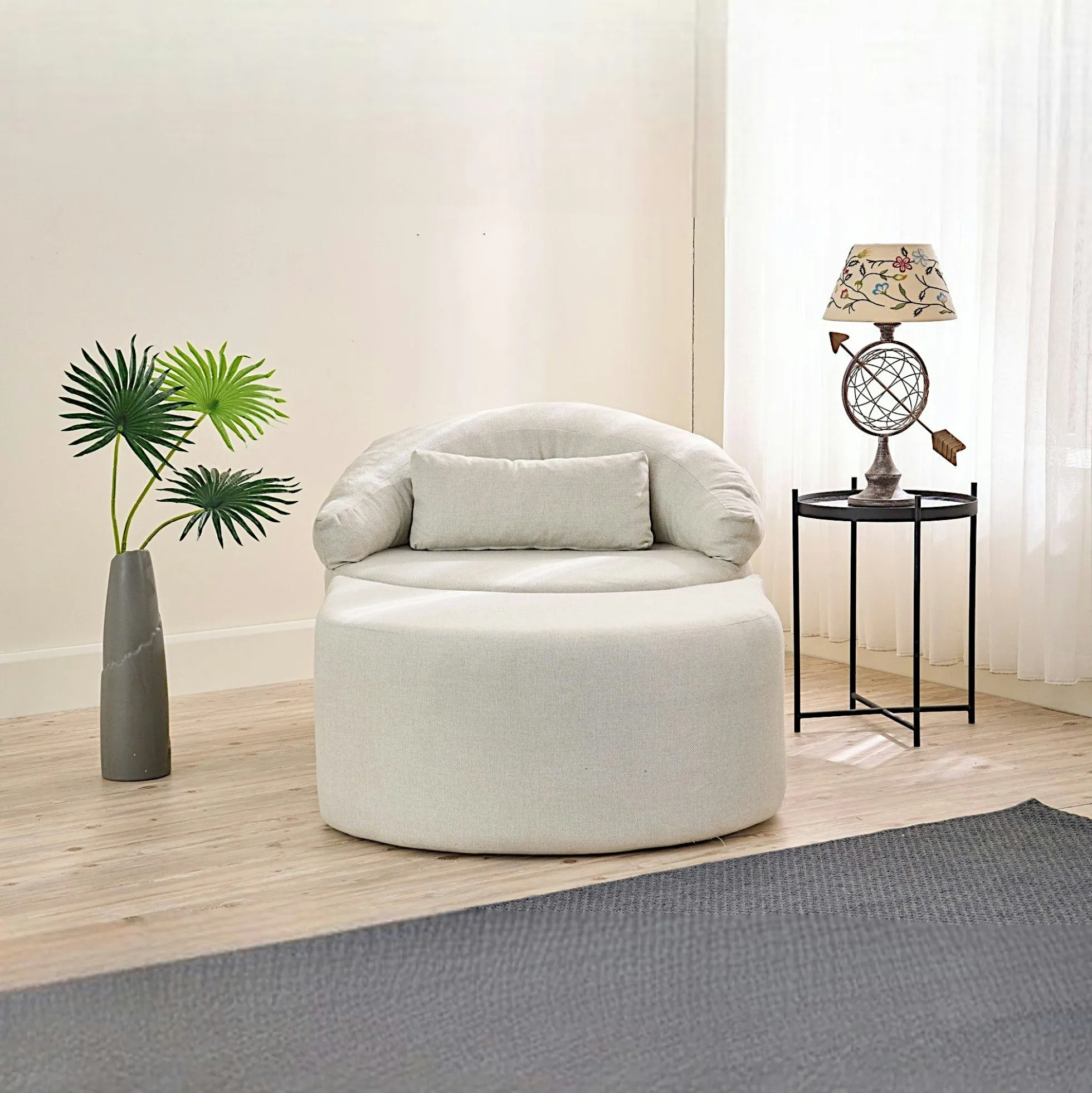 Fauteuil méridienne écru avec pouf demi-lune PATNA