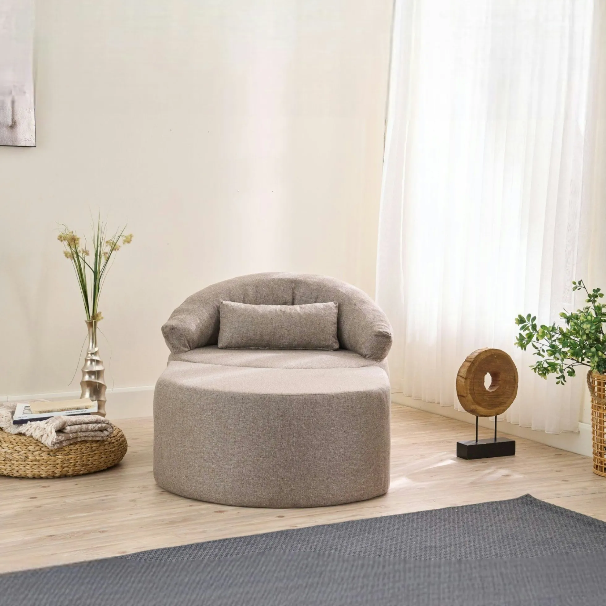 Fauteuil méridienne taupe avec pouf demi-lune PATNA