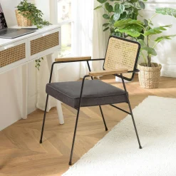 Fauteuil métal dossier rotin assise tissu anthracite TIM