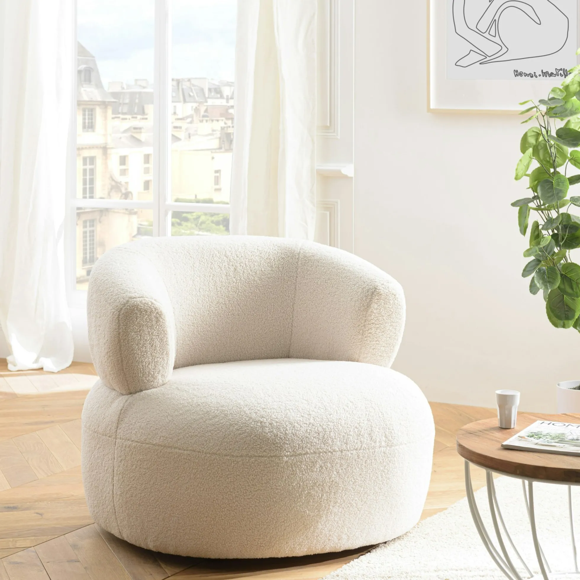 Fauteuil pouf tissu bouclette écru TIM