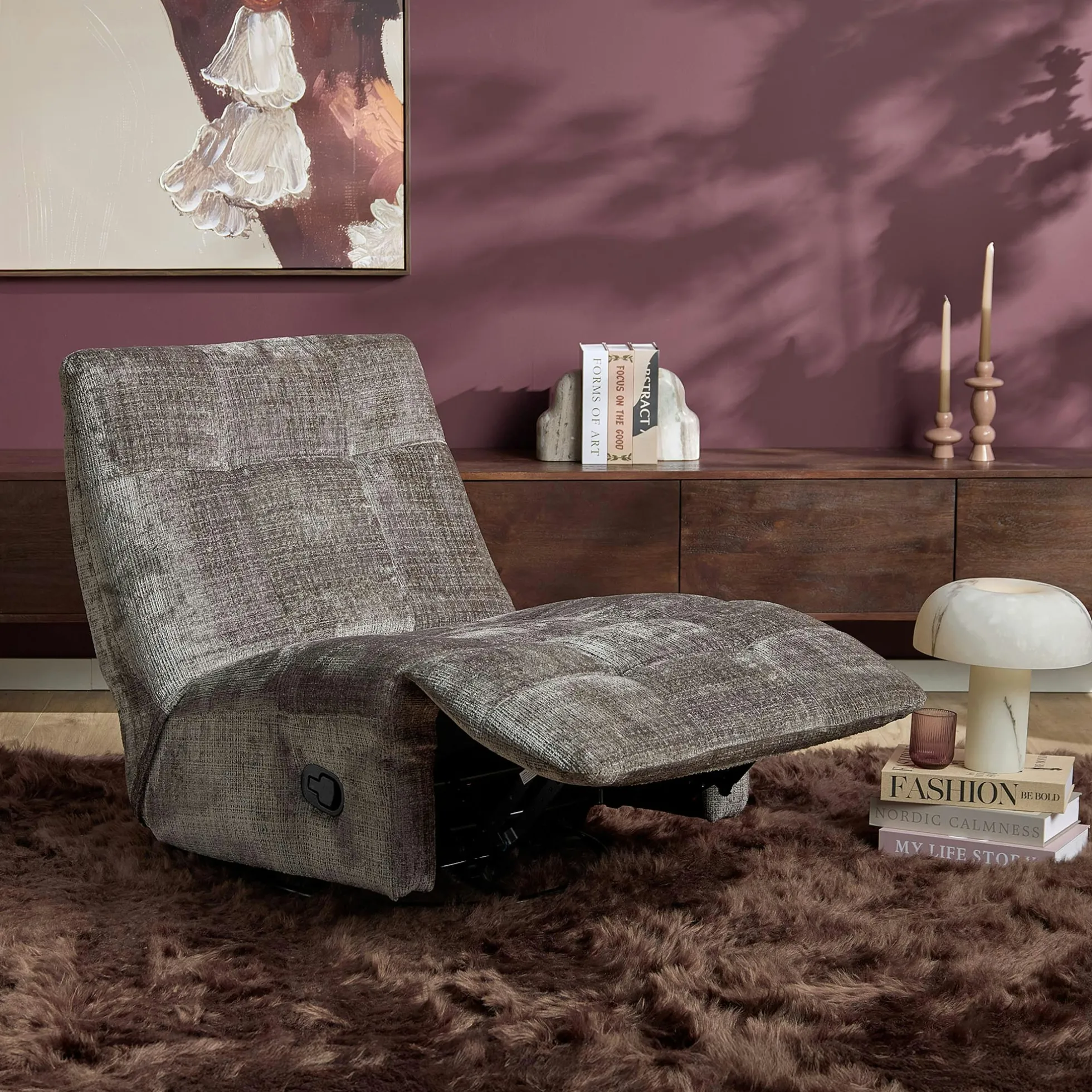 Fauteuil relax inclinable gris tissu chenille BELORA