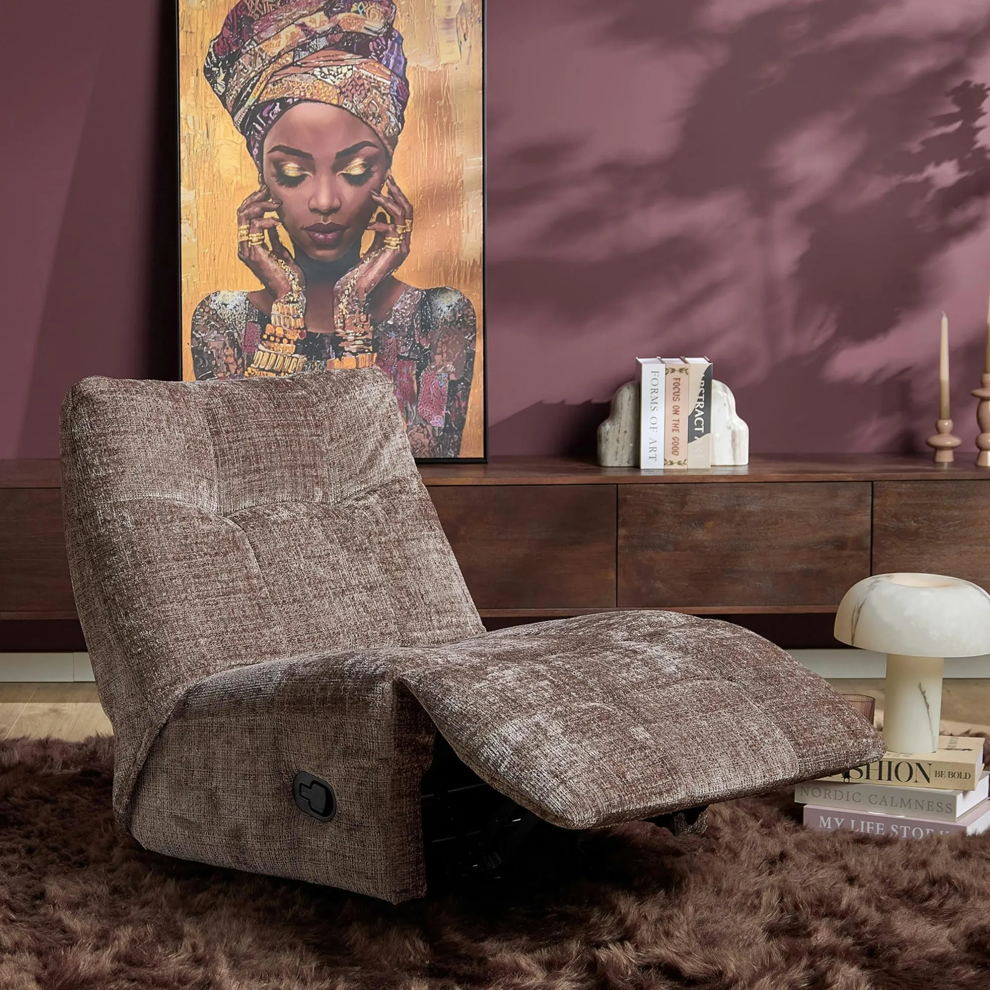 Fauteuil relax inclinable marron tissu chenille BELORA