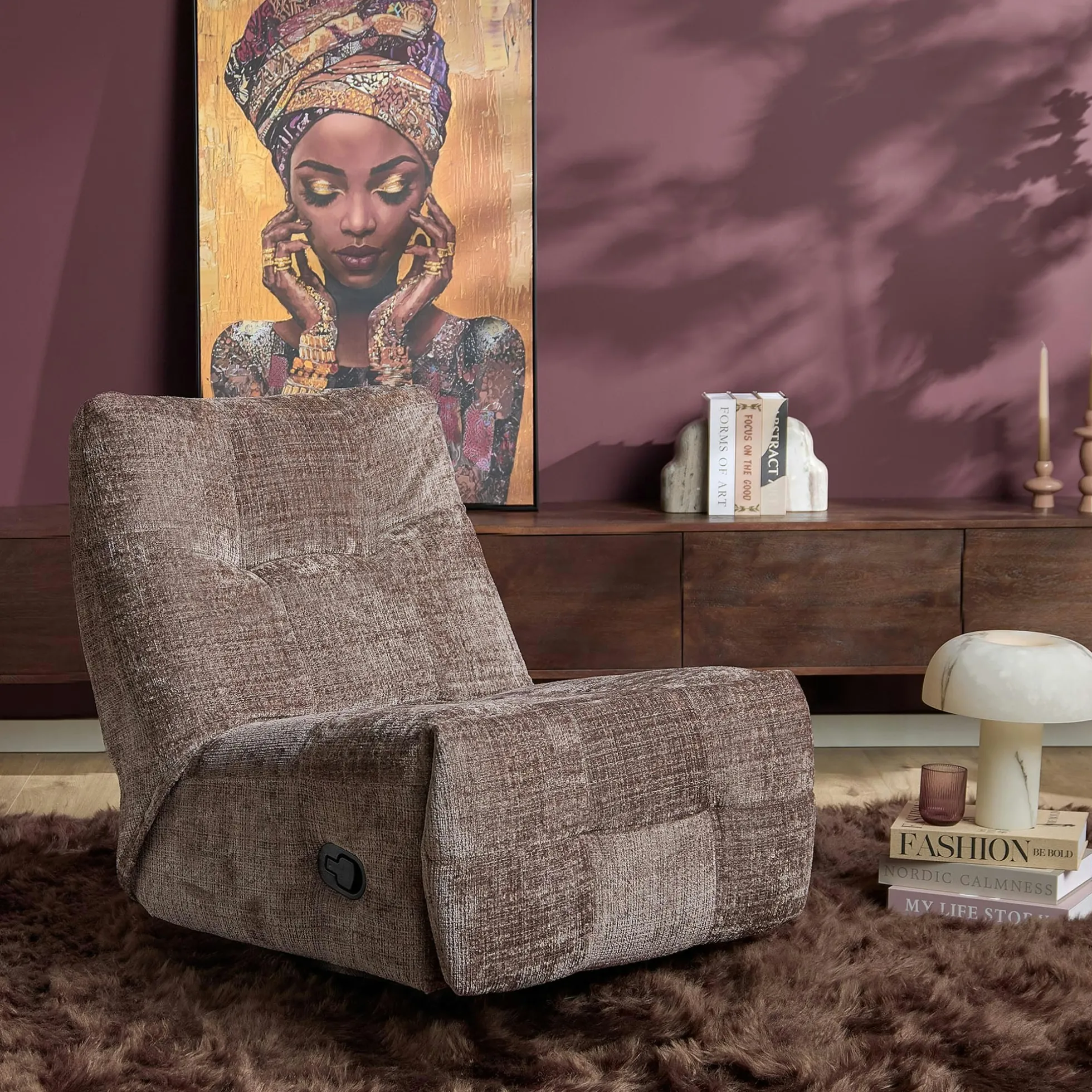 Fauteuil relax inclinable marron tissu chenille BELORA