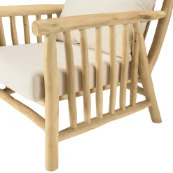 Fauteuil rondins de teck naturel et coussins blancs MANAK