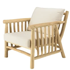 Fauteuil rondins de teck naturel et coussins blancs MANAK
