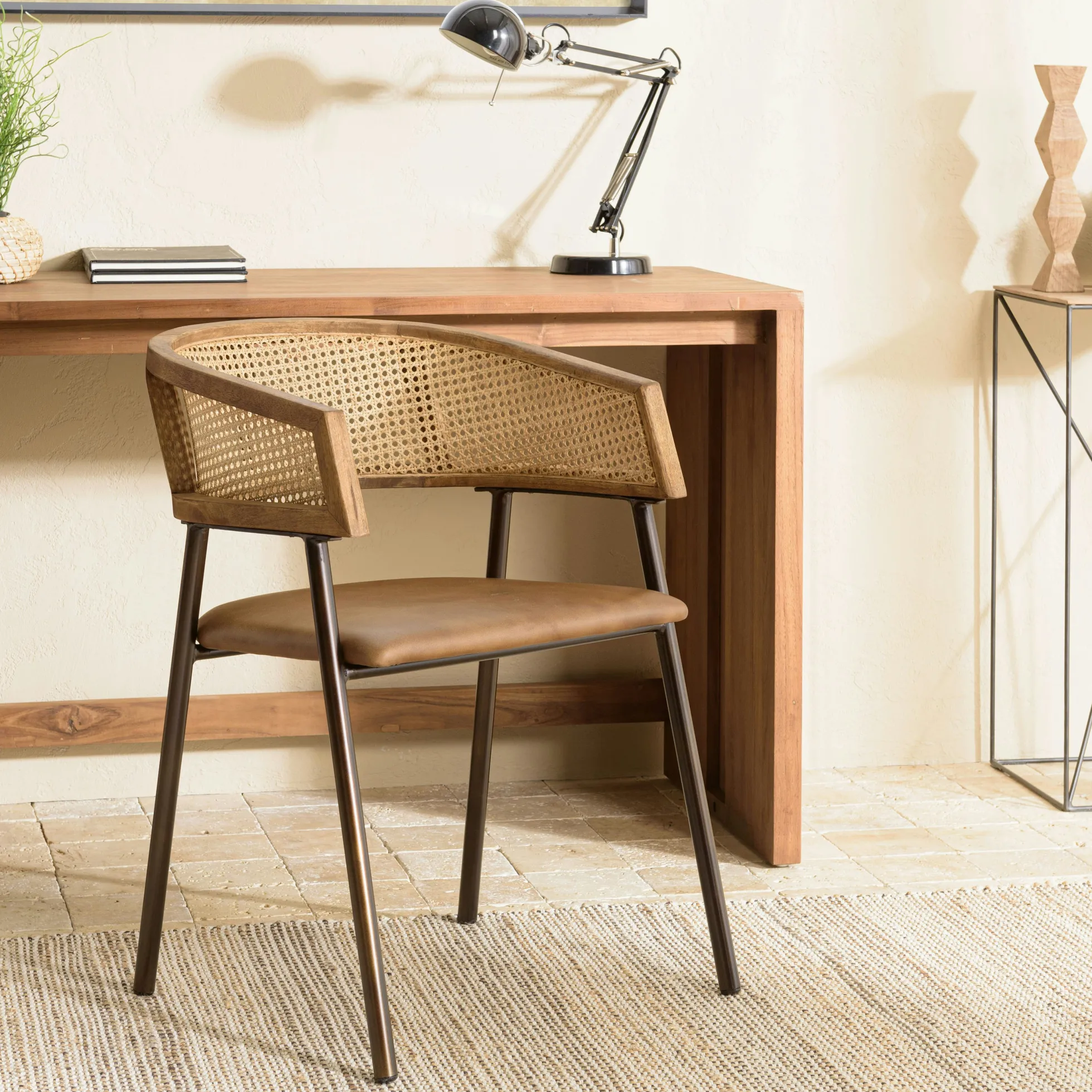 Fauteuil rotin et cuir havane dossier arrondi (lot de 2) TIM