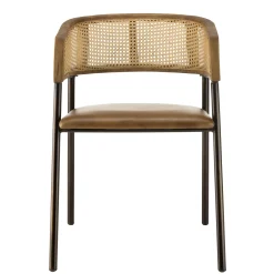 Fauteuil rotin et cuir havane dossier arrondi (lot de 2) TIM