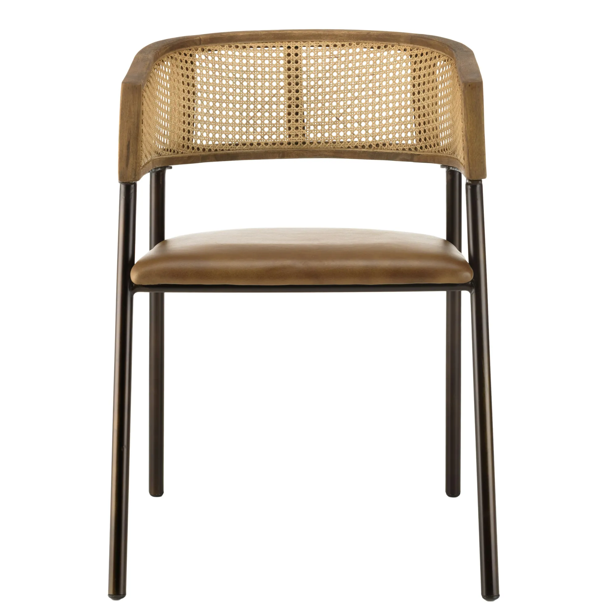 Fauteuil rotin et cuir havane dossier arrondi (lot de 2) TIM