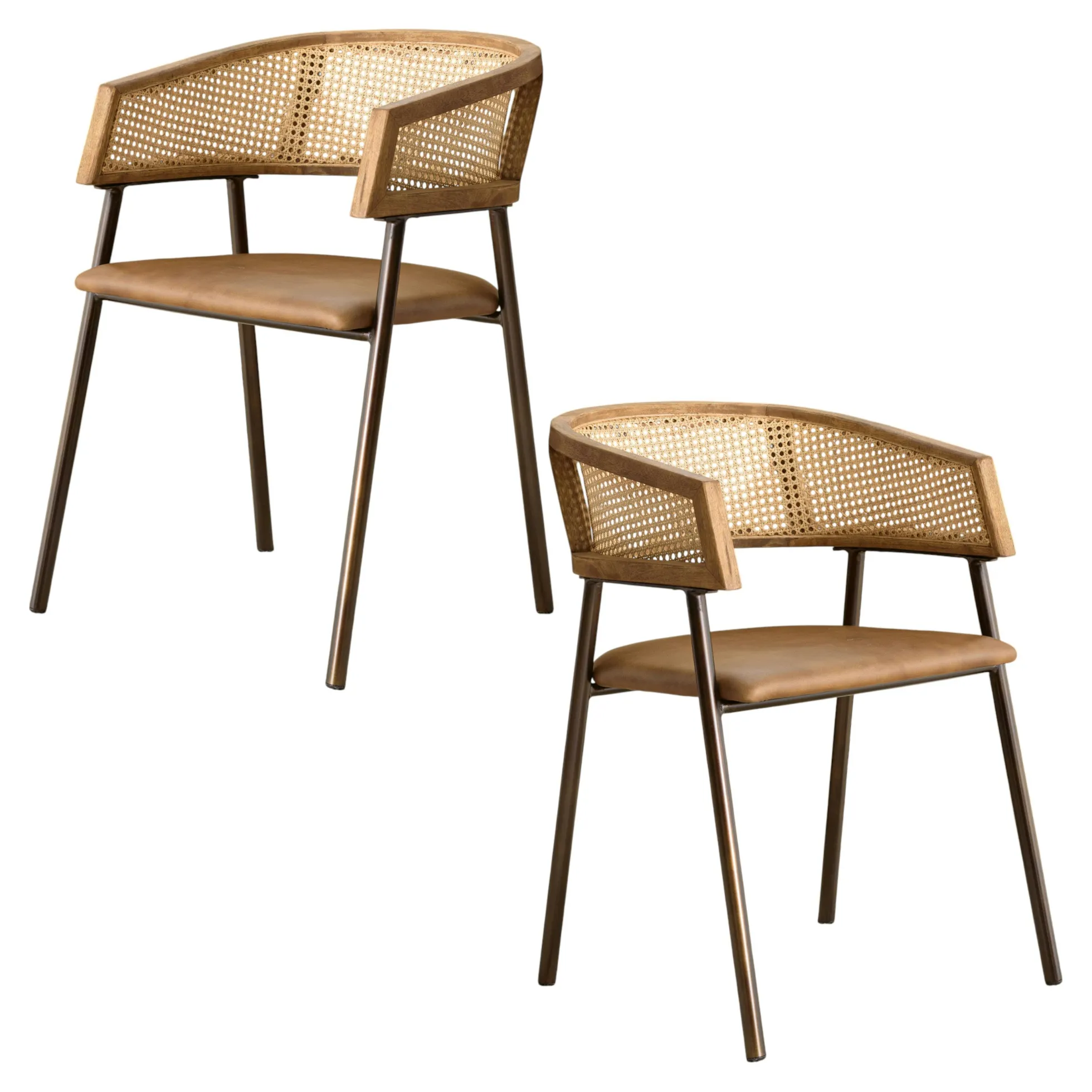 Fauteuil rotin et cuir havane dossier arrondi (lot de 2) TIM