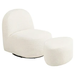 Fauteuil salon blanc pivotant et son pouf assorti BERLIN