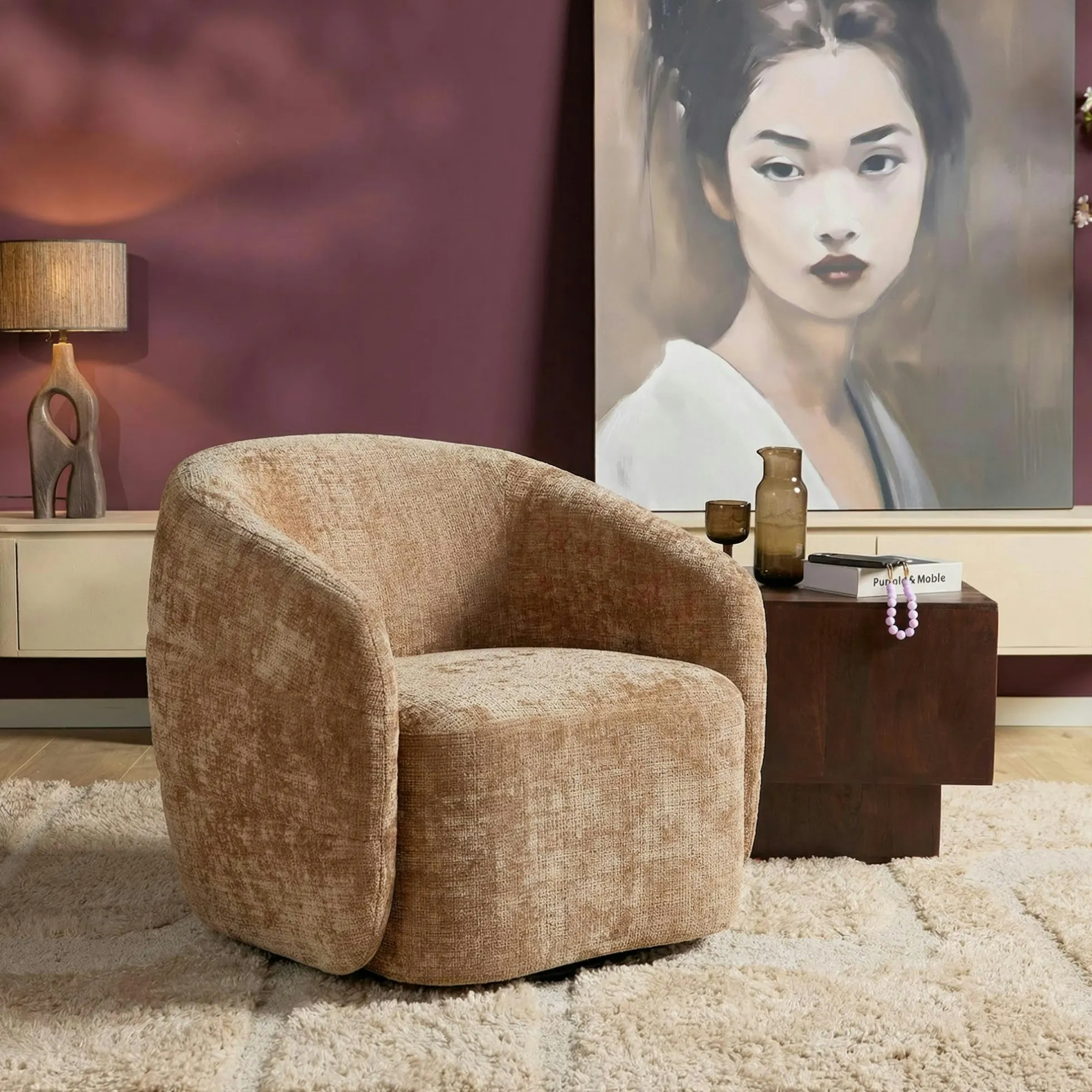 Fauteuil salon pivotant cannelle tissu chenille BELORA